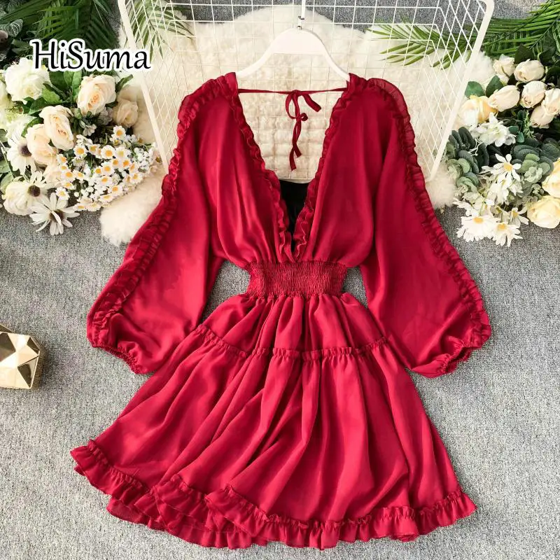 Шифоновое платье принцессы с глубоким v-образным вырезом рукавом 2020 и воланом |