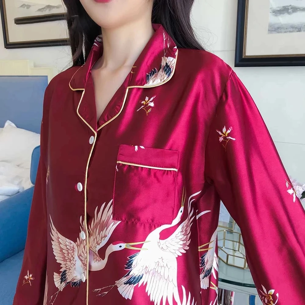 Long Sleeve Women's Pajama Set Silk Spring Summer 2 Pcs Single Breasted Ladies Pijama Suit with Pants Pyjama Sleepwear Female