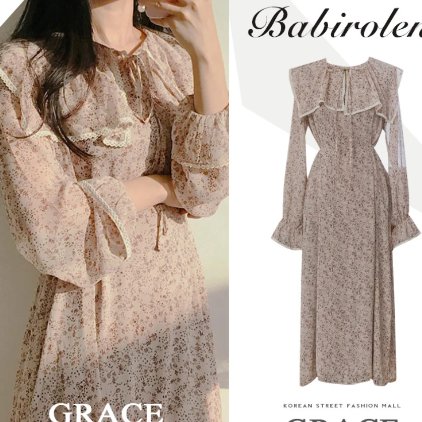

spring autumn French style chiffon floral dress women high waist vintage printed a-line dress