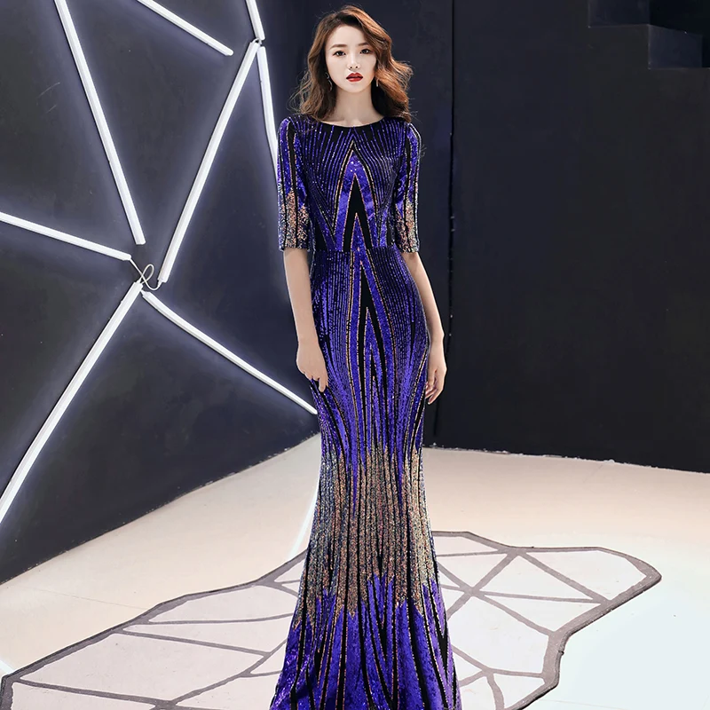 Новинка 2021 Официальные Вечерние платья AE480 длинное синее Вечернее Платье макси с
