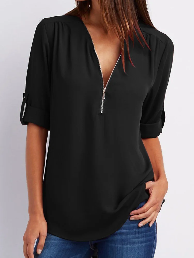 

Zipper Short Sleeve Women Shirts 2021 Sexy V Neck Solid Womens Tops And Blouses Casual Tee Shirts Tops Female Clothes