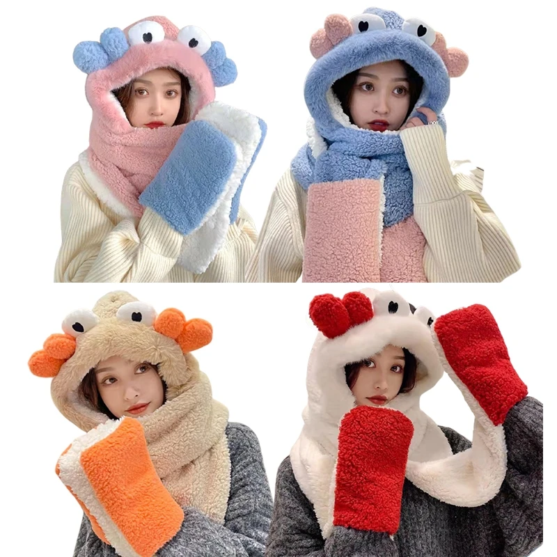 

Fashion Teenager Cartoon Plush 3in1 Hats Gloves Scarf Suits Women Winter Outdoor Warm Students Windproof Supplies