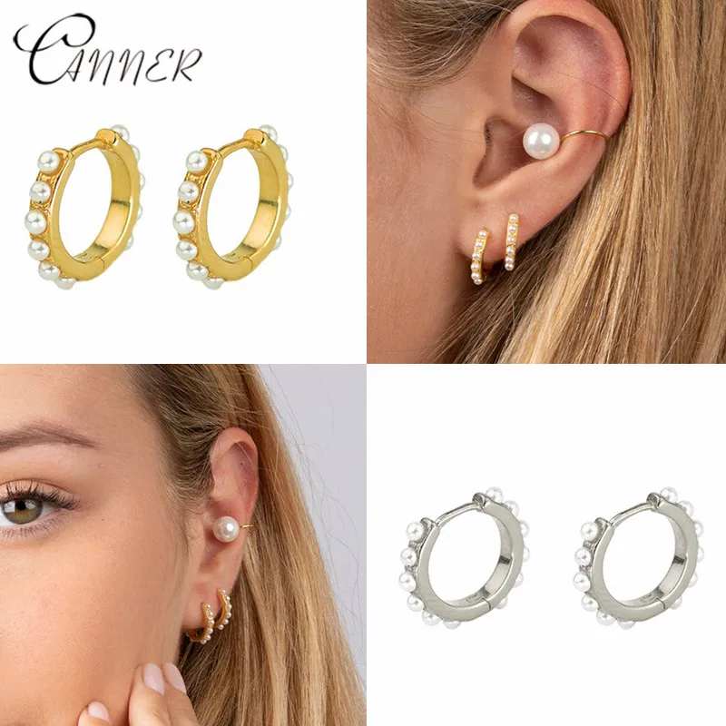 

CANNER 2019 New Fashion Women Cute Simulated Pearl Hoop Earrings Korean Pendientes 925 Sterling Silver Huggie Earring Brincos