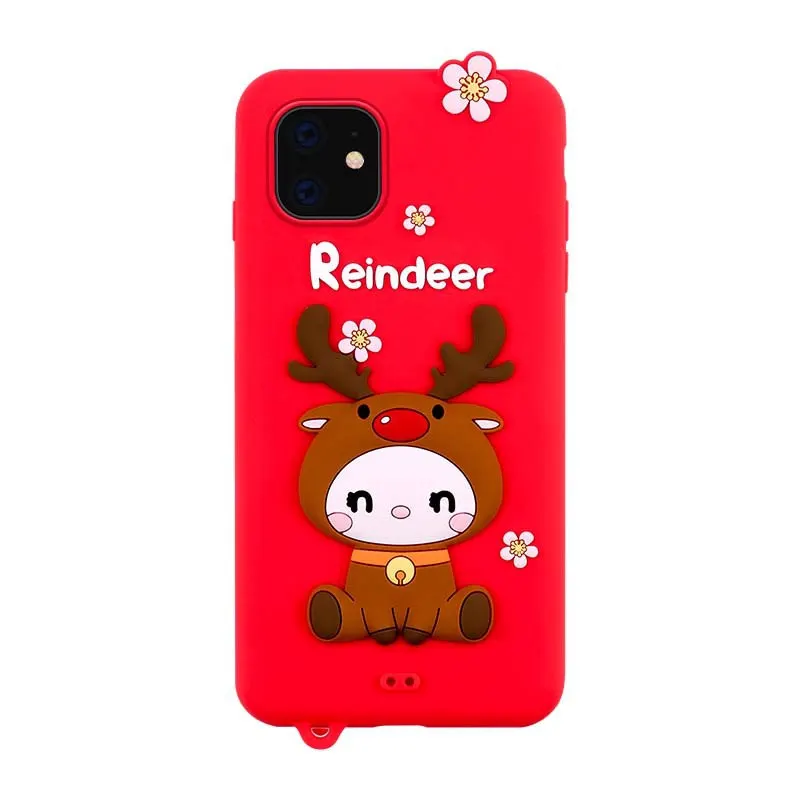 

Lofter Christmas Red Cartoon Deer Silicone Case for iPhone 12 Pro Max/12 mini Cute Soft Back Cover 11 pro Wrist Strap for Girls