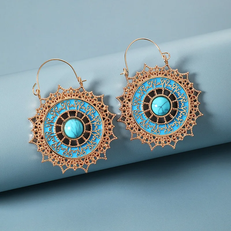 

Tocona Vintage Gold Blue Color Stone Drop Earrings for Women Alloy Metal Star Ethnic Hoop Dangle Mandala Earrings Boho Jewelry