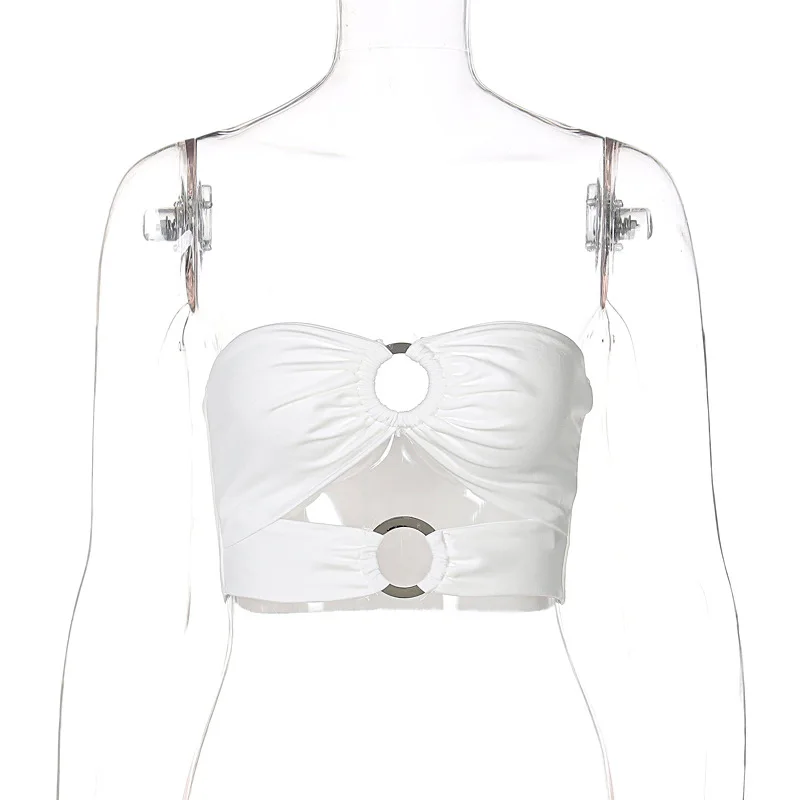 

Summer Strapless Solid Crop Top Hollow Out Backless Lash Neck Tshirt Summer Sexy Women Streetwear Party Club
