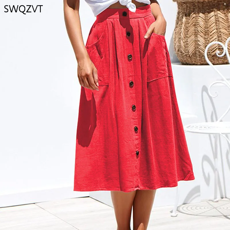 Юбка Женская средней длины на пуговицах однотонная Повседневная пляжная с