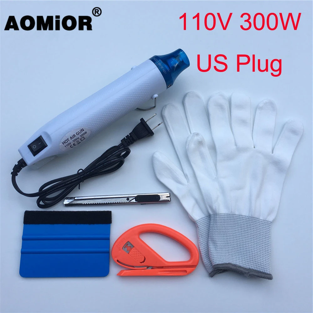 110V US Plug 110 V/220 V электрический тепловой пистолет с горячим воздухом+ скребок из плотной ткани Ракель+ виниловый резак+ нож для обрезки+ перчатки Автомобильная виниловая пленка упаковочные инструменты - Название цвета: 110V US Plug
