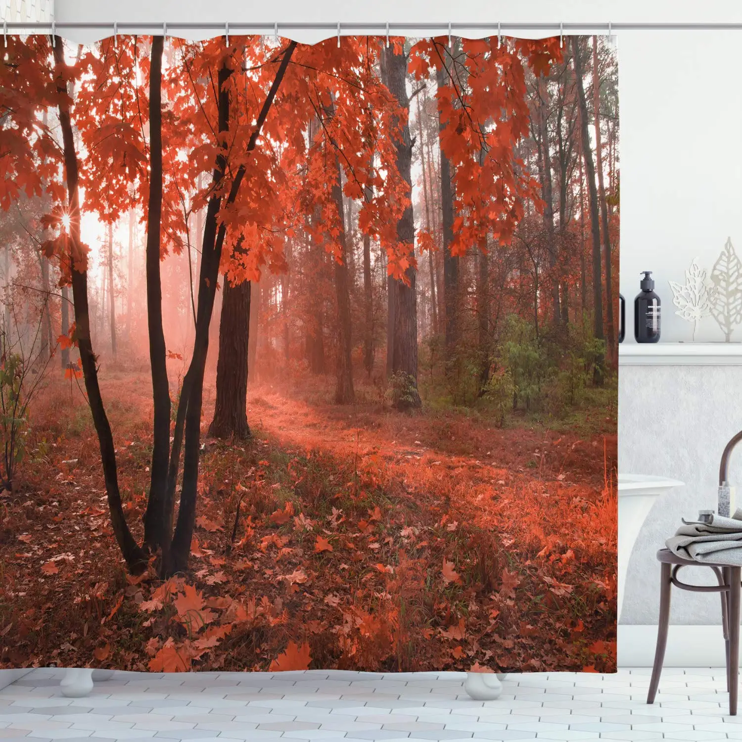 Осенняя занавеска для душа Туманный лес с листьями из лиственных сезонных