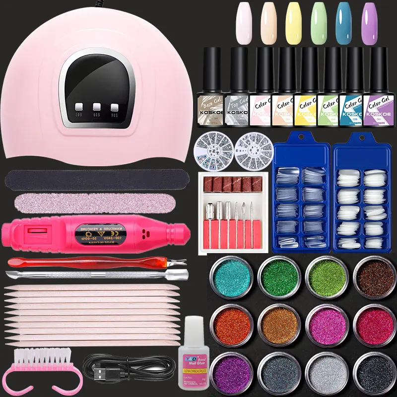 

KOSKOE Color Gel Nail Polish Set with UV Lamp Holographic Powder Electric Nail Grinding Acrylic Tips All For Manicure Nail Kit