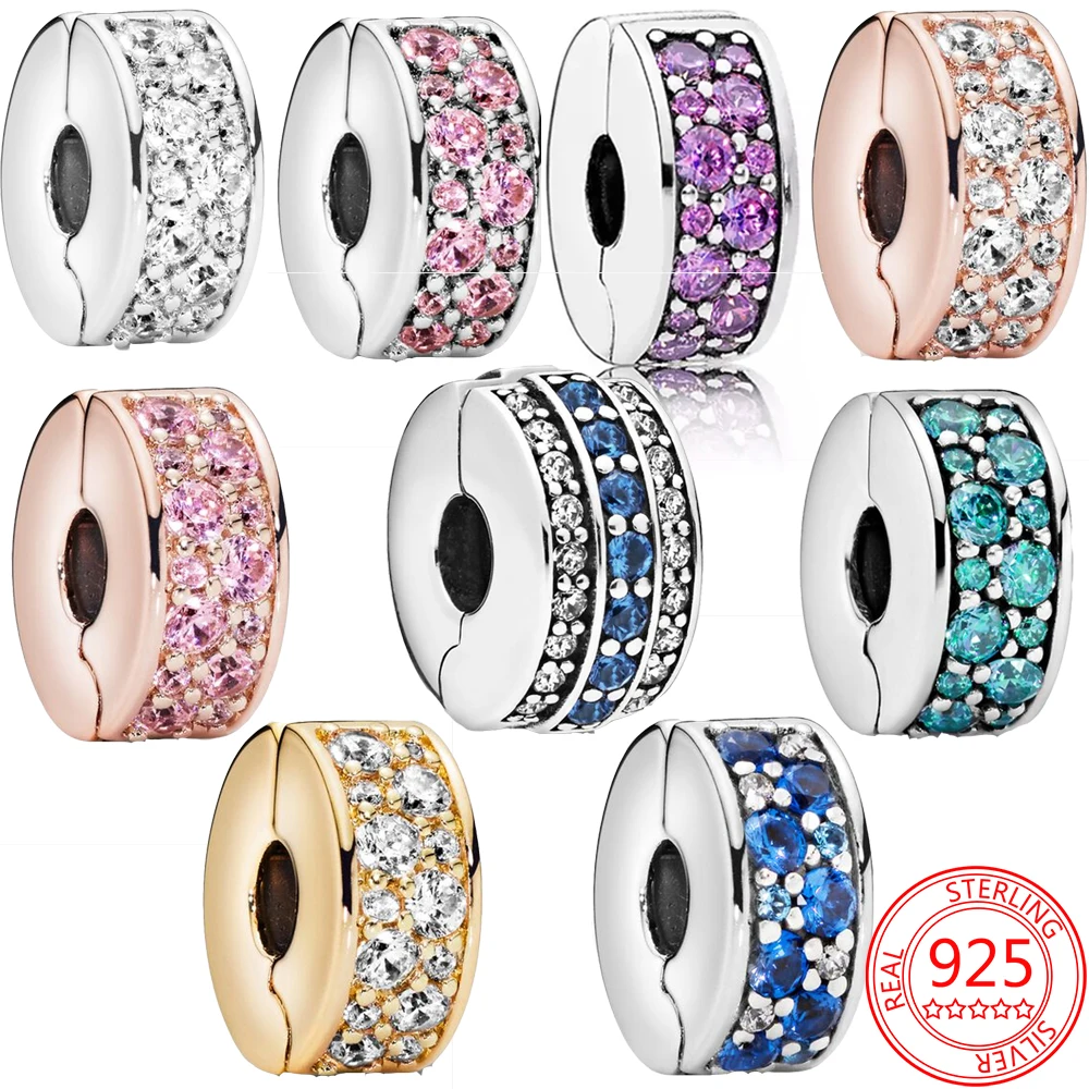 

New 925 Sterling Silver Beaded Sparkling Pavé Gemstone Series Fashion Fixing Clip Fits Pandora Bracelet DIY Brand Jewelry