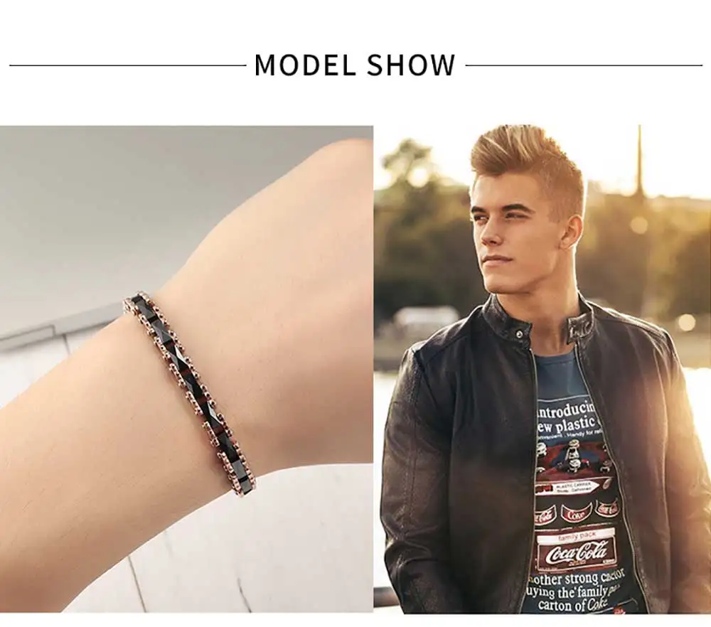 Moocare rose gold stainless steel wrist chain black women men charm bracelet ceramic jewelry accessories for ladies