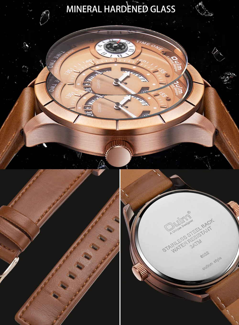 OULM Винтаж кварцевые часы Для мужчин с двумя часовыми поясами пилота деревянный