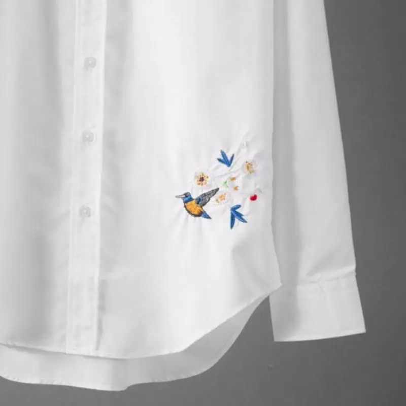 

Black White Mens Shirts High Quality Bird Embroidery Long Sleeve Casual Male Shirts Fashion Slim Fit Party Man Shirts