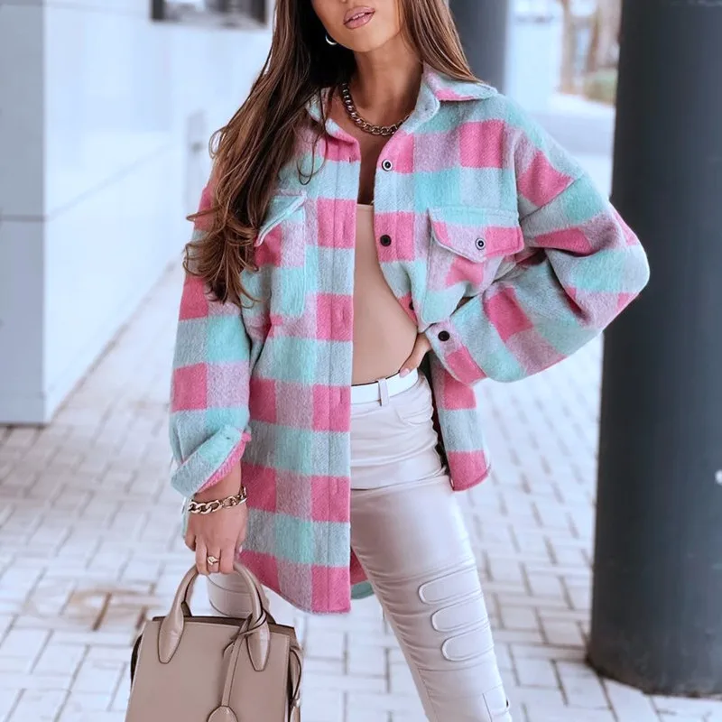 

Autumn Winter Plaid Shirt Jacket Casual Oversized Loose Coat Fashion Buttons Long Sleeve Coat Ladies Jackets Tops Streetwear