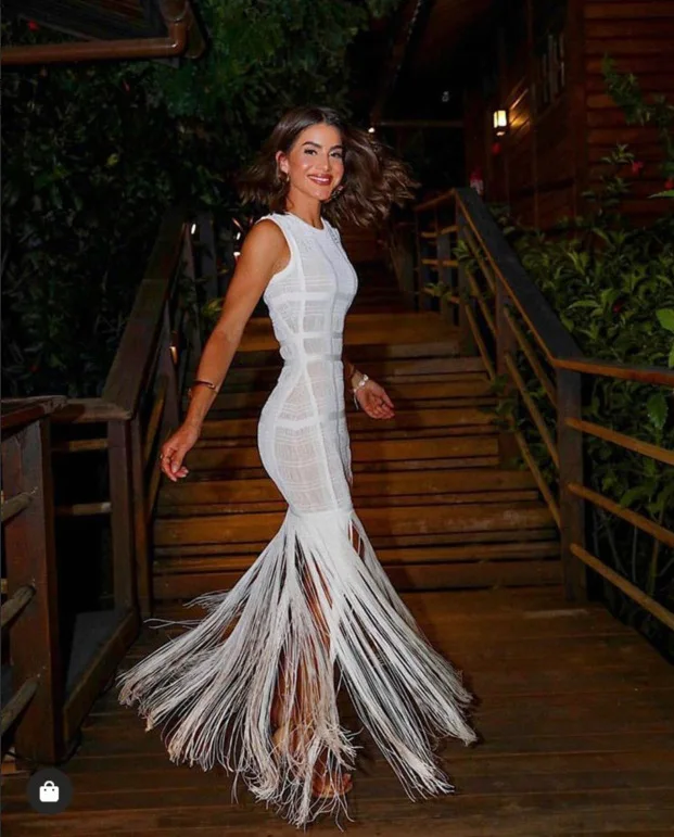 

Tassel Vestido Formales Longo Bodycon Dress Tulle See Through White Long Zipper Back Party Festival Clothing Outfits for Women