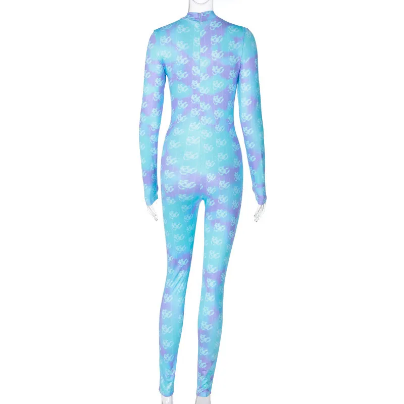

Women High waist printed sports jumpsuit Flower Print Long Sleeve Sheath Tight Jumpsuits