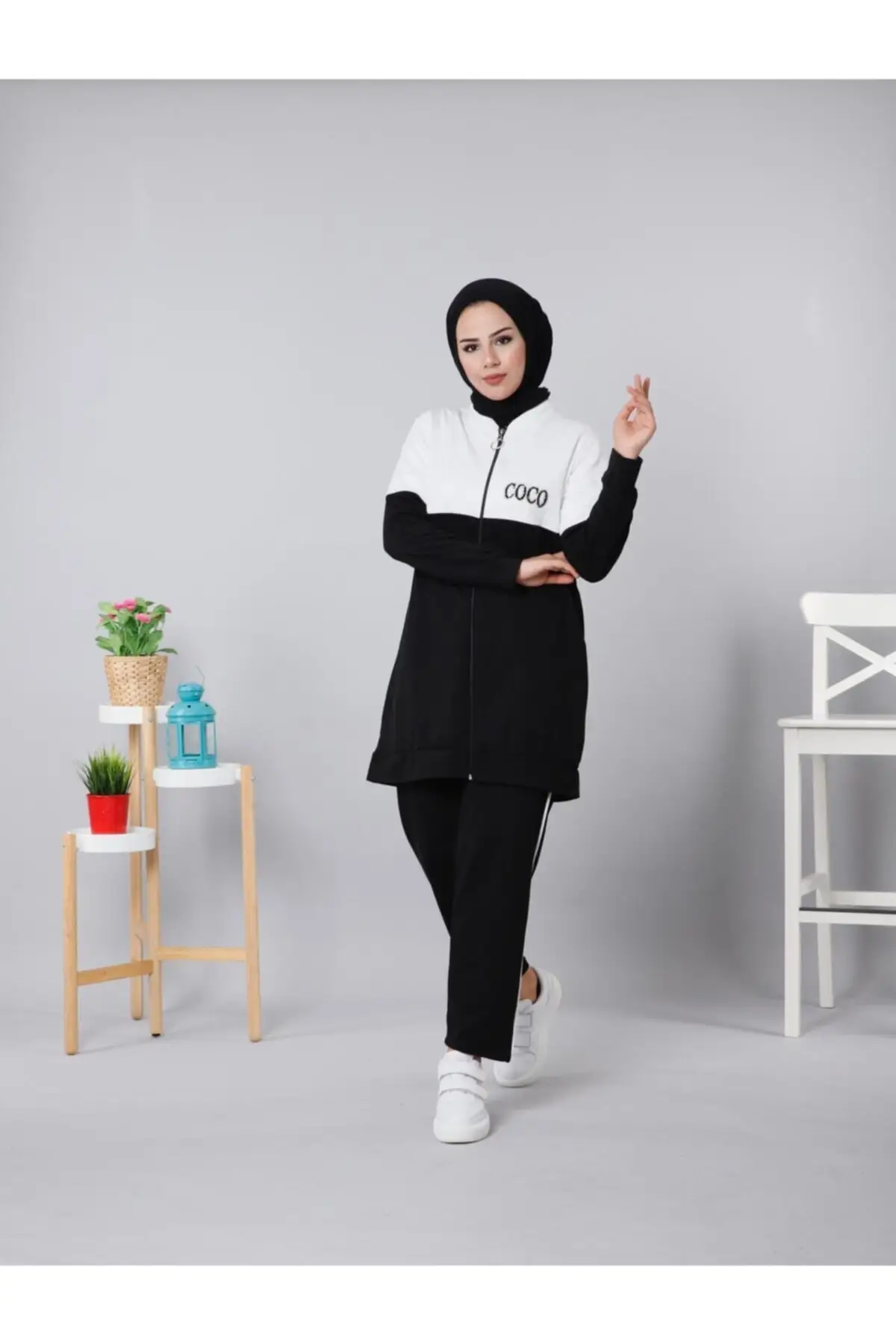 

Hijab Tracksuit Suit Solid Color Slim Fit Kapamasz Long Sleeve Casual Sweat Anti-Cotton Normal Trotting White Hooded