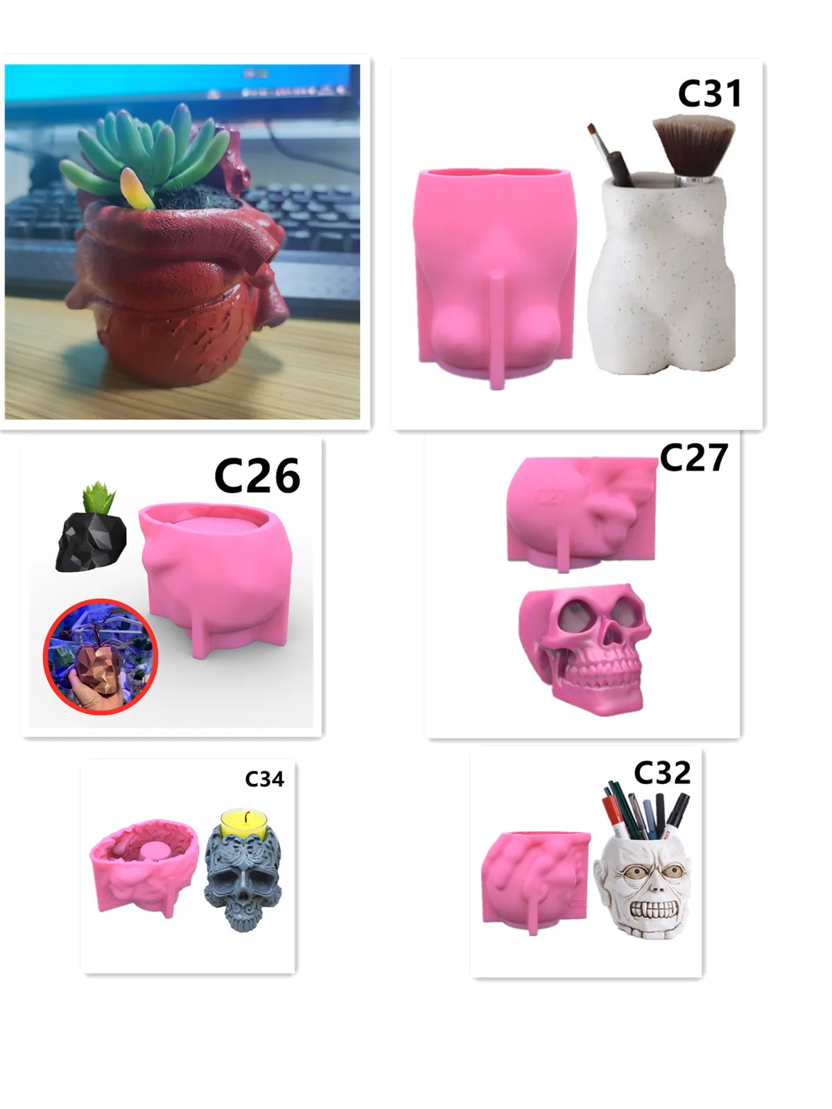 

Heart Skull Female Body Succulent Flower Pot Silicone Mold Scented Stone Ornaments Homemade Ashtray Flower Pot Handicraft Gift