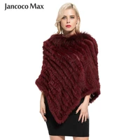 jancoco max new arrival real rabbit fur knitted poncho raccoon fur collar shawls women winter capes pullover s7110