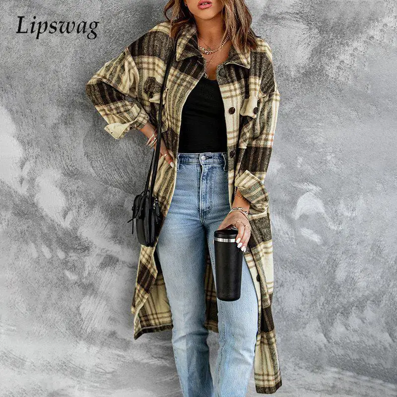 

2021 Fashion Women Plaid Printed Long Coats Winter Elegant Wool Outerwear Female Fall Vintage Turndown Collar Button-up Overcoat