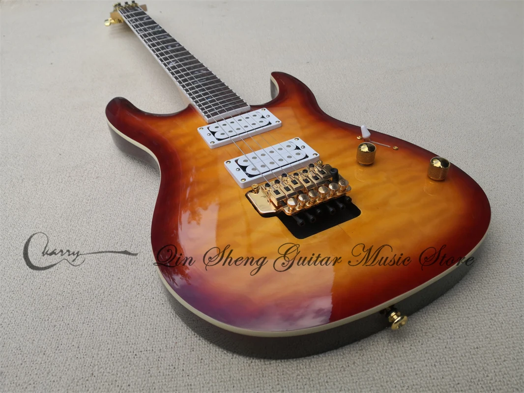 

Order booking pea electric guitar, sunburst guitar,flamed maple veneer,tremolo bridge HH pickups,gold buttons