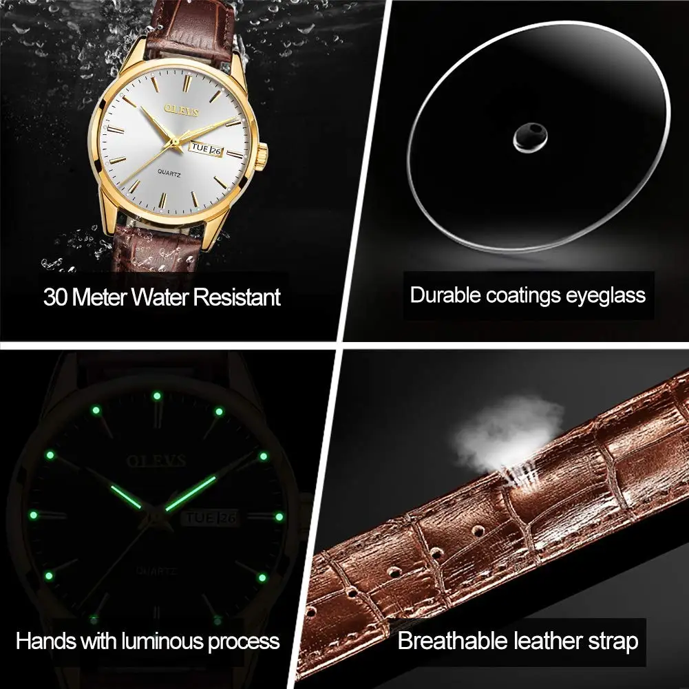 OLEVS Couple Watch Breathable leather Band Fashion Business Waterproof His and Her Quartz Wristwatch Set for Lovers One Pair