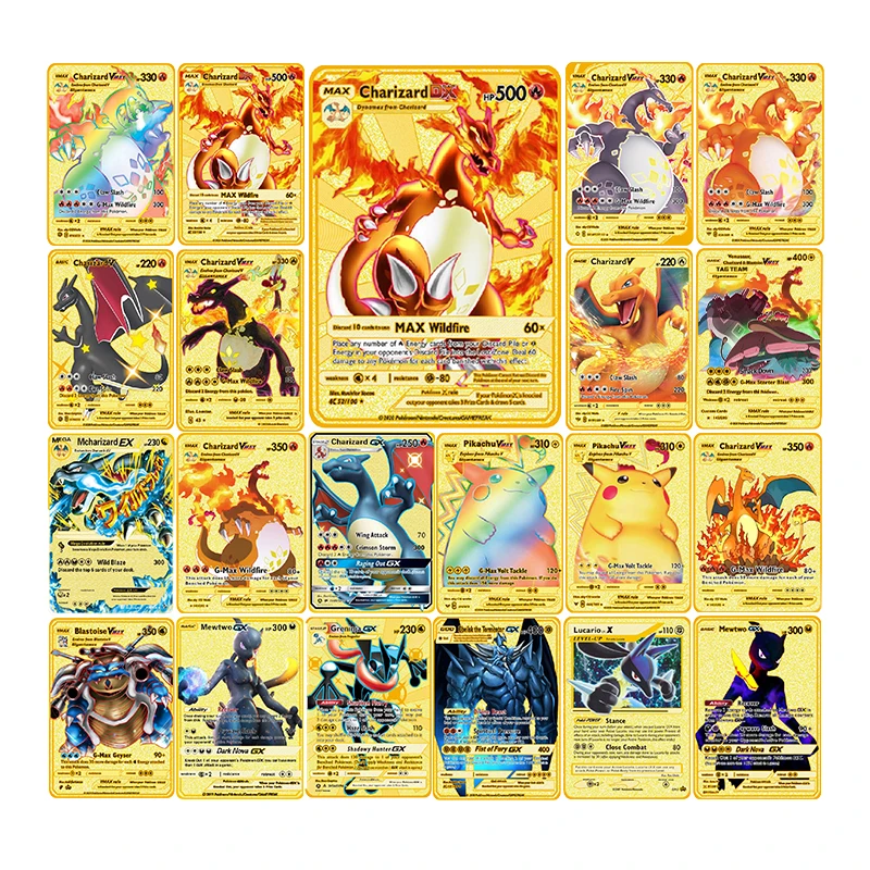 

Pokemon Gold Card Metal Card Game Anime Battle Pokemon Gold Kaarten Charizard Pikachu Action Collection Child Toys