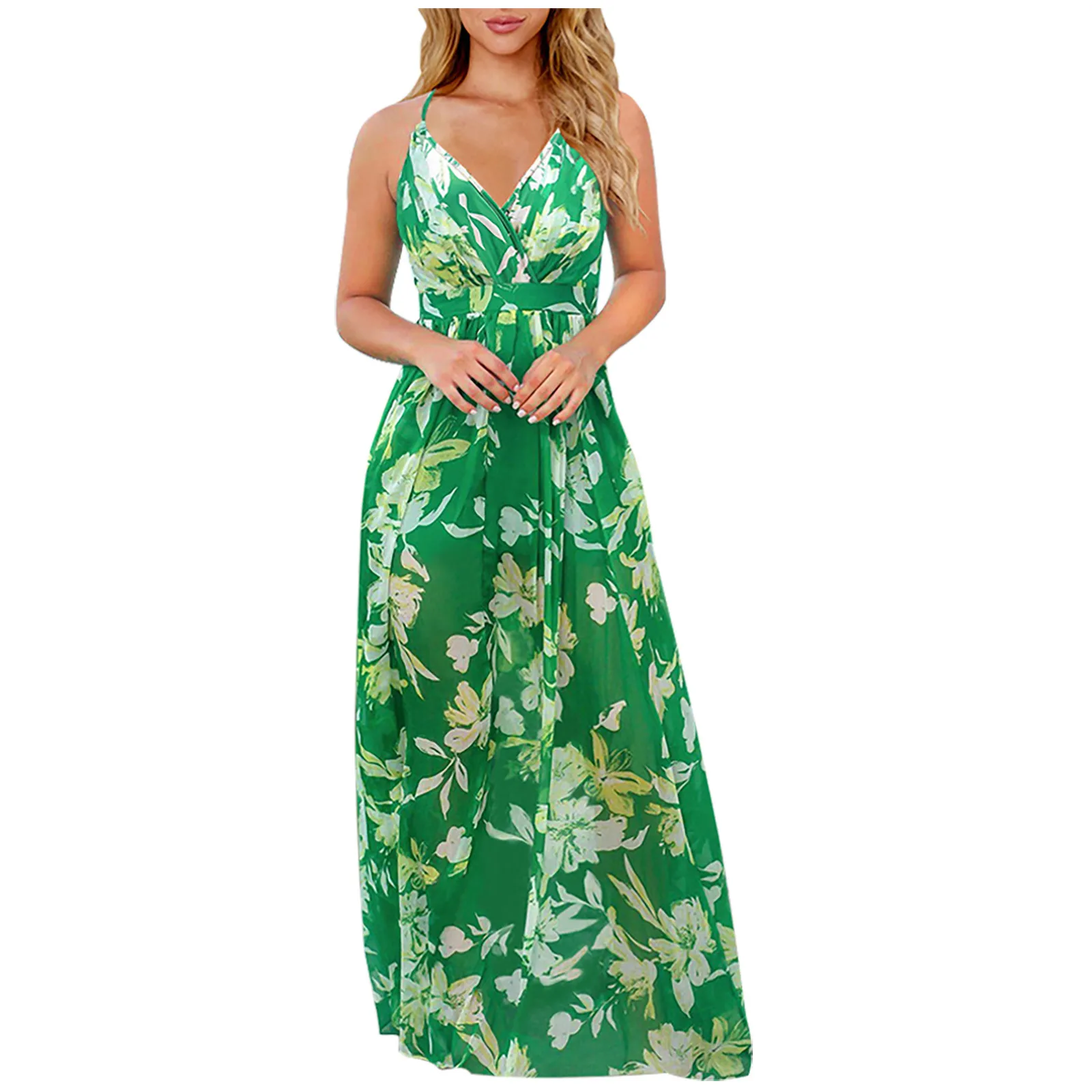 Женское летнее длинное платье на бретельках с низкой мотней v образный вырез