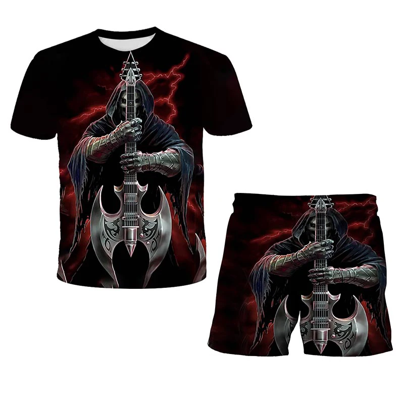 

2021 Summer new boys 3D skull t-shirt + Shorts Punisher hip hop Street short sleeve girl skull pattern set