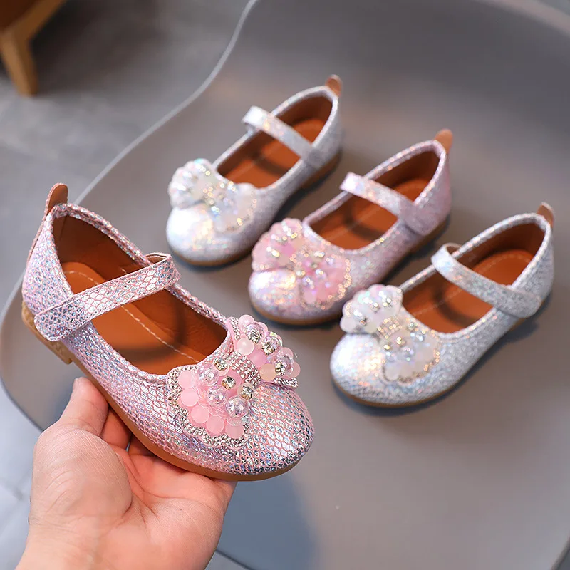 2022 New Girl Flat Princess Shoes Spring Kids Rhinestone Leather Shoes Children's Bowknot Single Pink Shoes G564