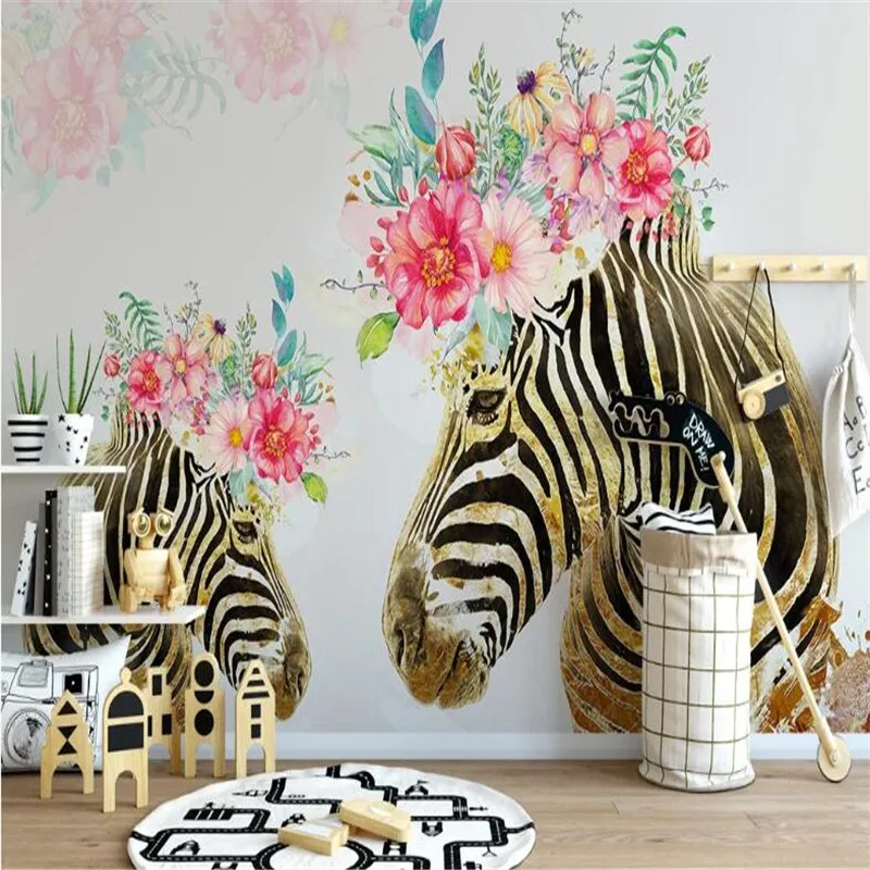 Large 3D wallpaper mural custom hand-painted golden zebra nordic flower children's room background | Обустройство дома