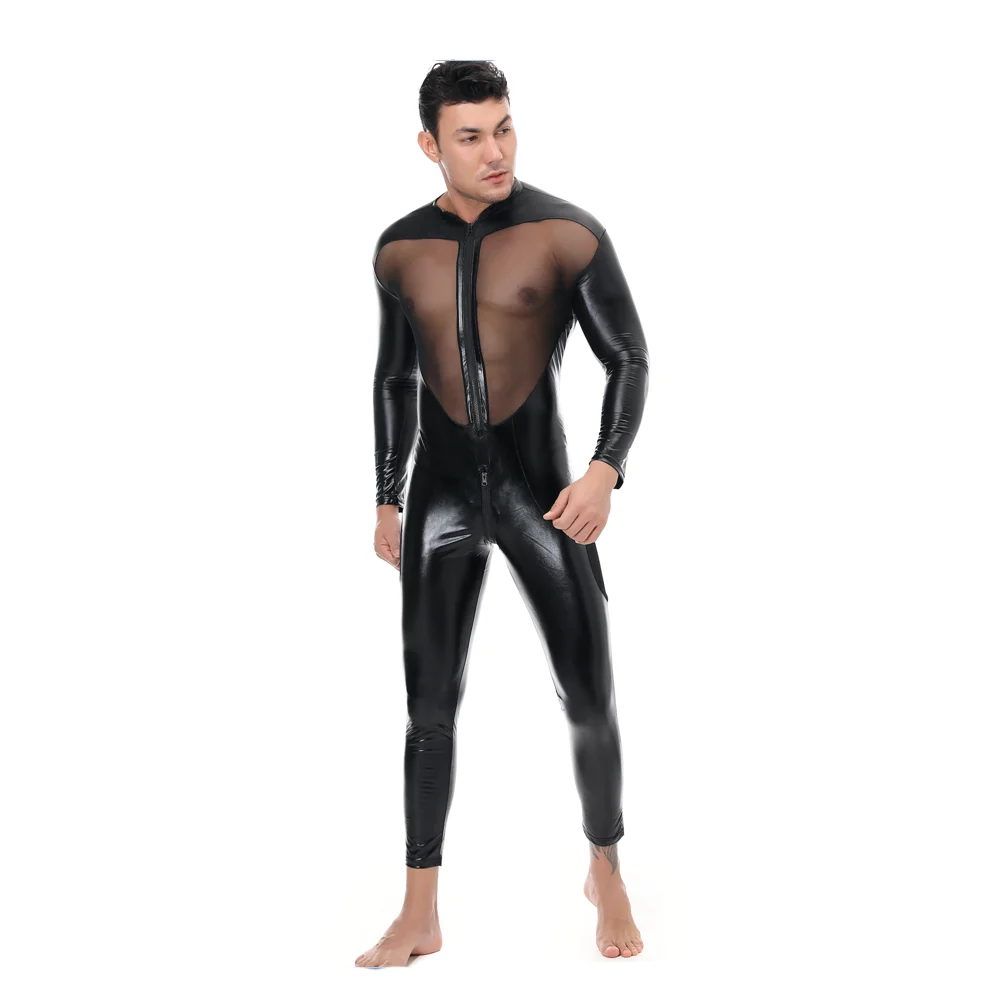 

Patent Leather Mens Sexy Long Sleeves Zipper Open Crotch Catsuit Zentai Jumpsuit Hollow Out Mesh Splice Full Bodysuit Overalls