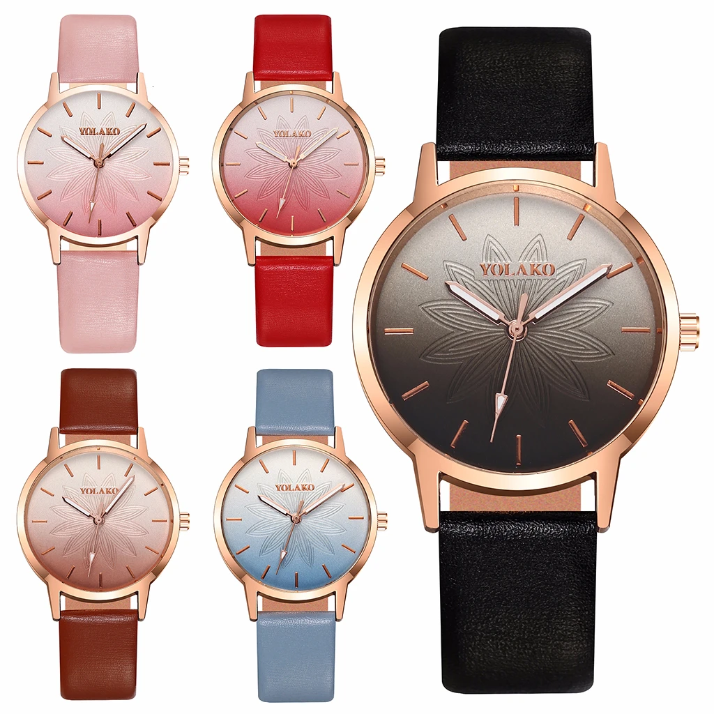 

Women Leather Gradient Color Flower Watch Luxury Ladies Quartz Clock Relogio Feminino YOLAKO Brand