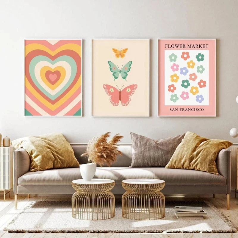 

Rainbow Love Small Floral Butterfly Color Canvas Painting Nursery Poster Art Print Wall Picture Nordic Girl Baby Bedroom Decor