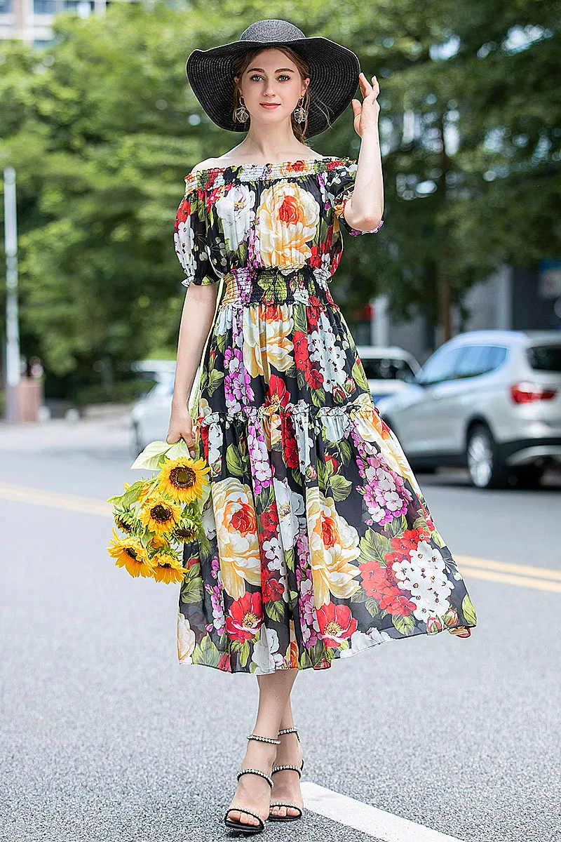 

Long Dress Runway High Quality Summer New Women'S Casual Party Outing Elegant Elastic Band Off Shoulde Printed Chiffon Dresses