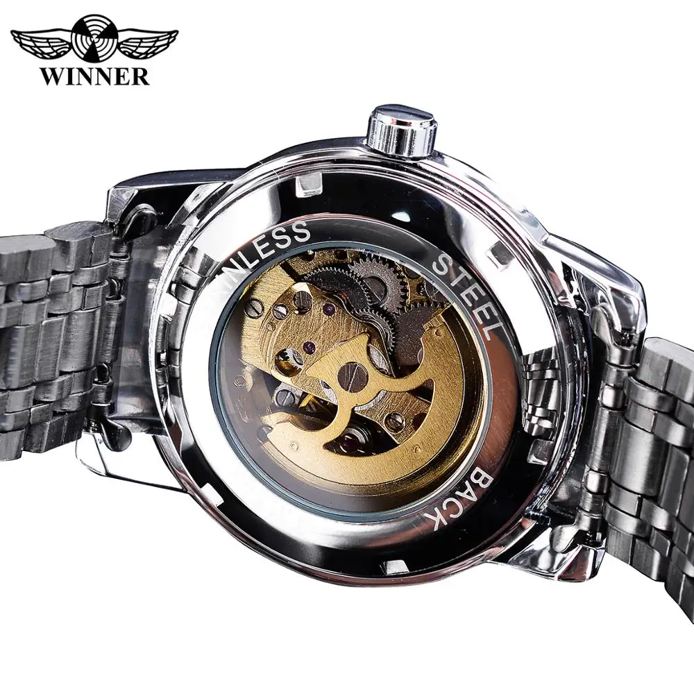 Механические часы скелетоны Winner модные золотистые и черные Автоматические