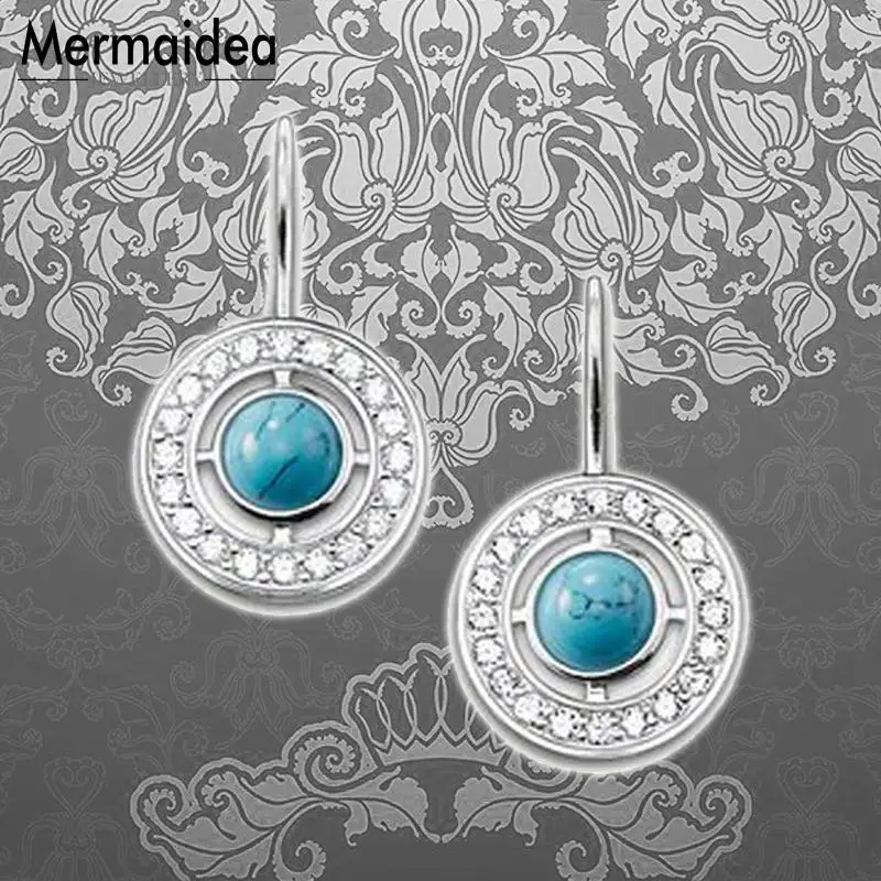 Серьги подвески с круглым голубым камнем и лебедем модные ювелирные изделия