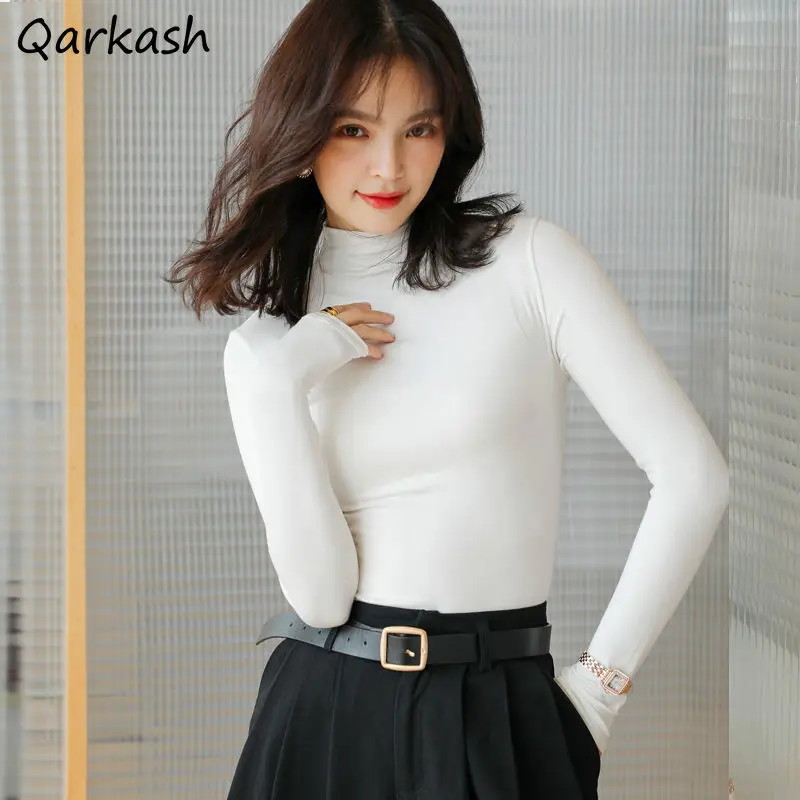 

Женские футболки с высоким воротом внутри, модная сплошная шикарная весенне-осенняя облегающая пикантная универсальная базовая одежда в с...