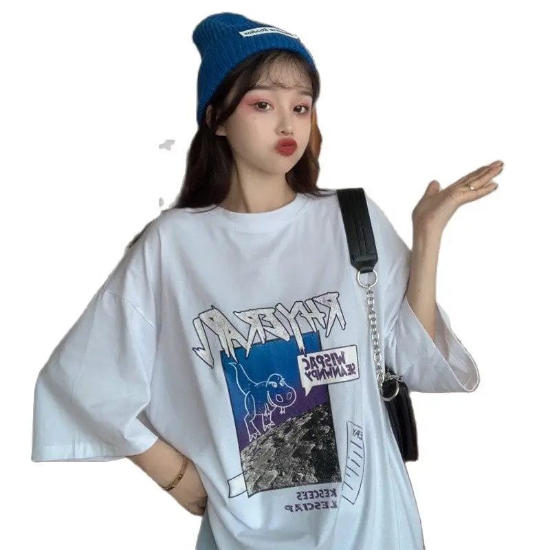 

New Print Women's T-shirt Short Sleeve Top Loose Plus Size Cotton T Shirt Office Lady Summer O-neck Tshirt Fashion Casual