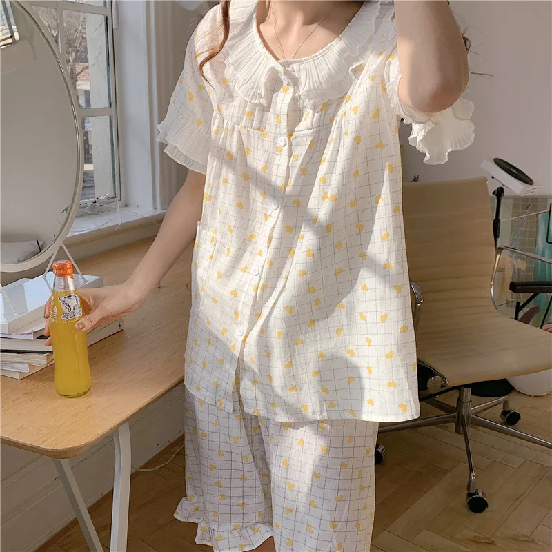 Cotton Pajamas Women 2021 Summer Sweet Lovely Cardigan Plaid Love Printing Cardigan Short Sleeve Pants Home Suit Sleepwear