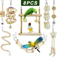 8pcsset bird parrot toys hanging swing perch stand cage chew chewing bell toy wood spiral ladders for bird climbing
