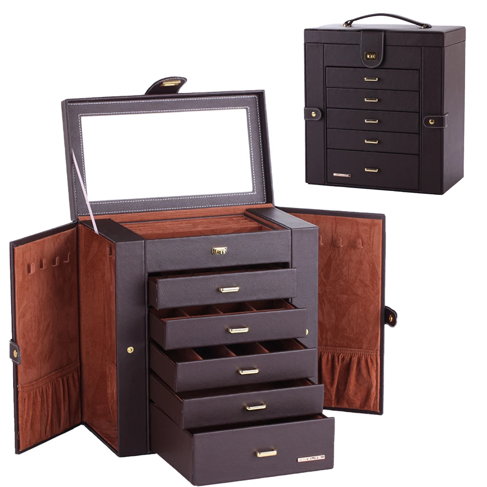 Large Jewelry Box Earrings Rings  Armoire Storage Case Black White Pink  Leather Trinket Organizer