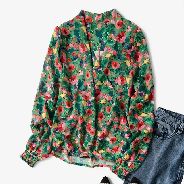 Женская рубашка с перекрестным v образным вырезом и драпировкой Осень зима