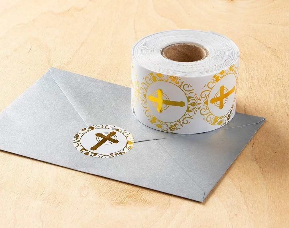 500-Count Gold and Silve Foil Cross Stickers-Religious Stickers-Round Labels 1inch Christening Envelope Seals stationery sticker