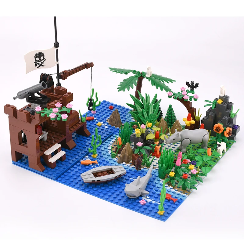Пиратская серия MOC остров оазис опорная пластина носороги Акула корабль мачта