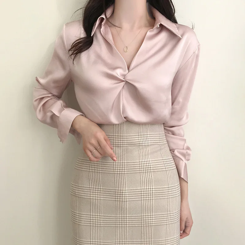 Новинка 2020 женская модная блузка из атласа с длинным рукавом винтажная Женская