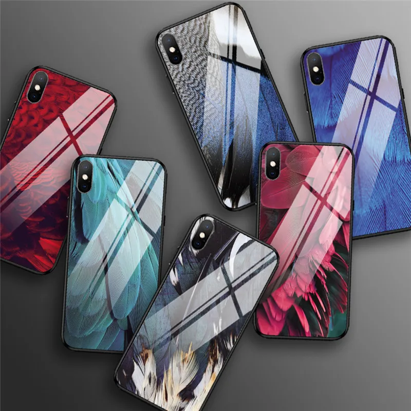 Чехол для iPhone X XS MAX XR для 6 6S 7 8 PLUS чехол из закаленного стекла с перьями красный желтый задняя чехол для iPhone 5 5S SE Funda
