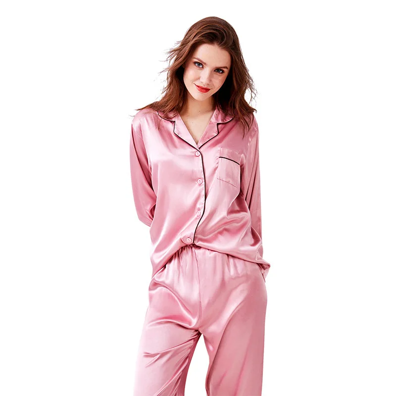 

womens satin silk pajamas bathrobe set sleepwear 2019 spring summer plus size nightwear 2 pieces suit Household pink sweet