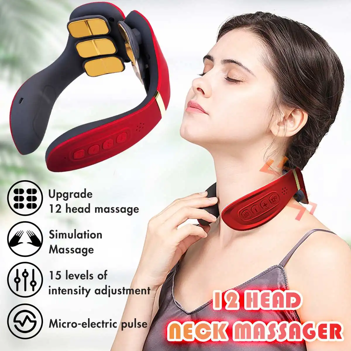 

12 Heads Neck Shoulder Massager Cervical Therapy Heating Pain-relieving Electric Pulse Back Fascia Machine with Remote Control